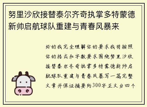 努里沙欣接替泰尔齐奇执掌多特蒙德新帅启航球队重建与青春风暴来